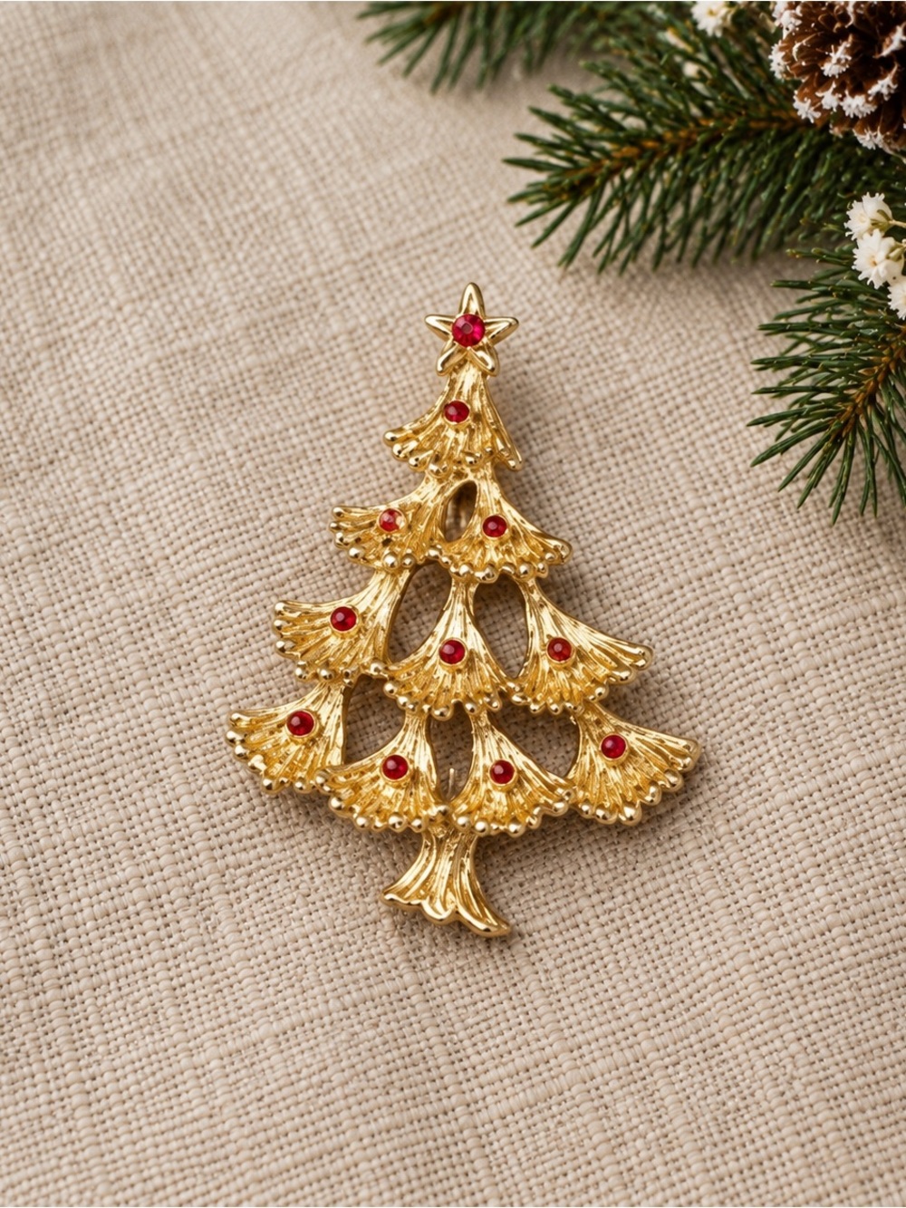 Vintage Gold Tone Christmas Tree Holiday Brooch Pin